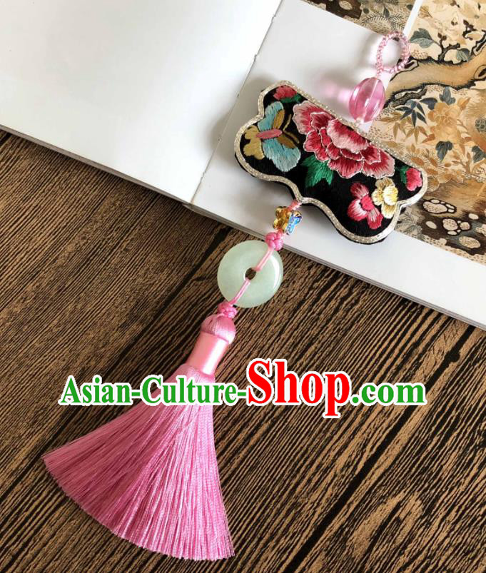 Handmade China Suzhou Embroidered Peony Black Belt Pendant Classical Hanfu Brooch Accessories