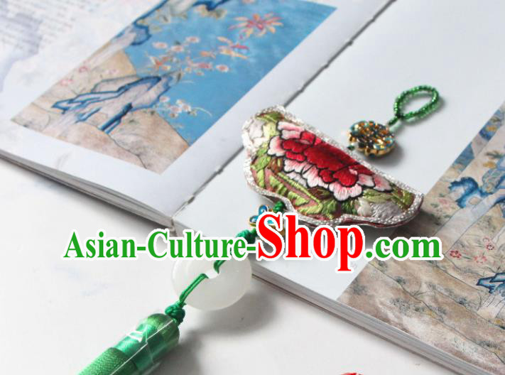 Handmade China Classical Hanfu Green Tassel Brooch Accessories Suzhou Embroidered Peony Belt Pendant