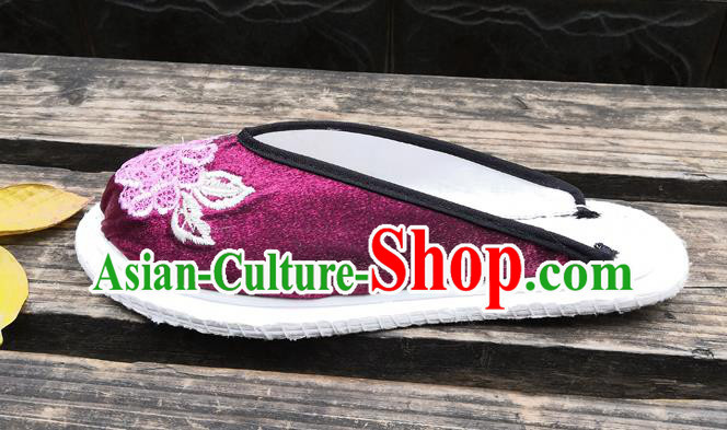 Chinese National Shoes Handmade Embroidery Purple Satin Shoes Woman Slippers