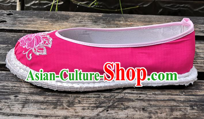 Handmade China Yunnan Ethnic Peach Pink Satin Shoes Wedding Bride Embroidered Shoes National Woman Strong Cloth Shoes
