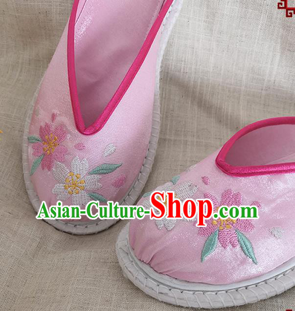 Chinese Handmade Embroidery Sakura Pink Satin Shoes Woman Slippers National Shoes