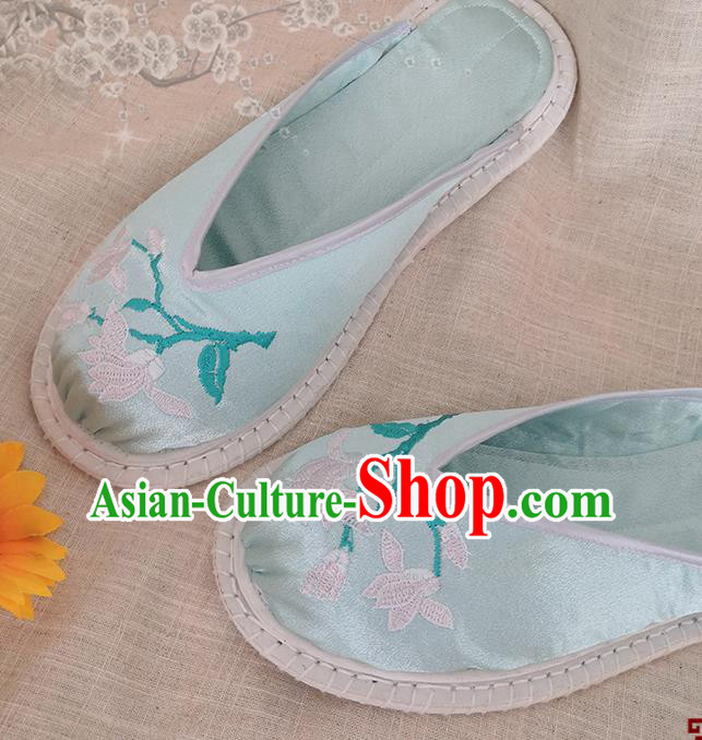 Chinese National Strong Cloth Shoes Handmade Embroidery Light Green Satin Shoes Woman Slippers