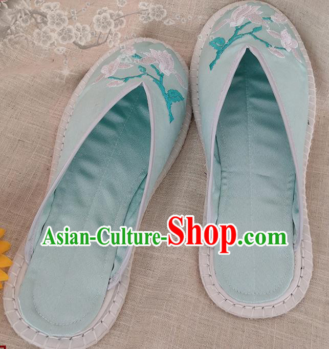 Chinese National Strong Cloth Shoes Handmade Embroidery Light Green Satin Shoes Woman Slippers