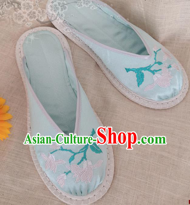Chinese National Strong Cloth Shoes Handmade Embroidery Light Green Satin Shoes Woman Slippers