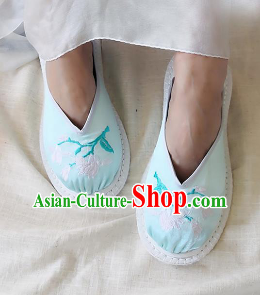 Chinese National Strong Cloth Shoes Handmade Embroidery Light Green Satin Shoes Woman Slippers
