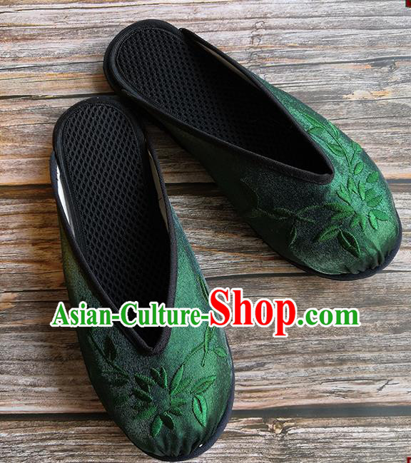Chinese Woman Slippers National Female Shoes Handmade Embroidery Deep Green Satin Shoes