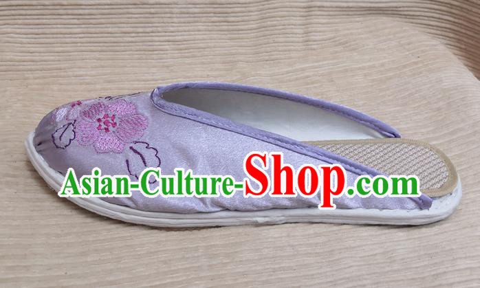 Chinese Handmade Embroidery Lilac Satin Shoes Woman Slippers National Strong Cloth Shoes