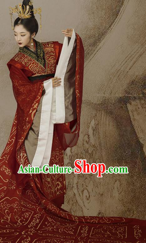 China Ancient Empress Embroidered Red Dress Garments Traditional Han Dynasty Court Queen Historical Clothing Full Set
