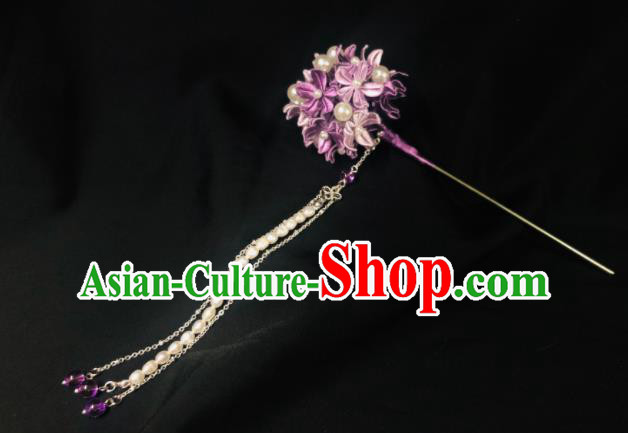 China Traditional Hanfu Hair Accessories Ancient Young Lady Pearls Tassel Hair Stick Song Dynasty Princess Purple Silk Hydrangea Hairpin