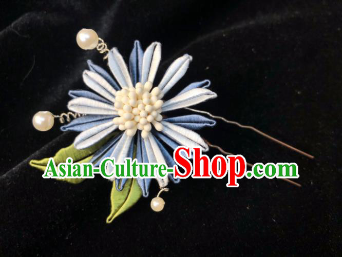 China Handmade Blue Silk Chrysanthemum Hairpin Traditional Hanfu Hair Accessories Ancient Palace Lady Hair Stick
