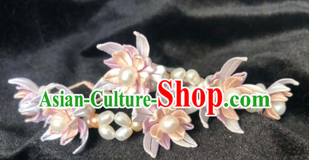 China Handmade Pearls Hairpin Traditional Hanfu Headpiece Ancient Princess Lilac Silk Flowers Hair Stick