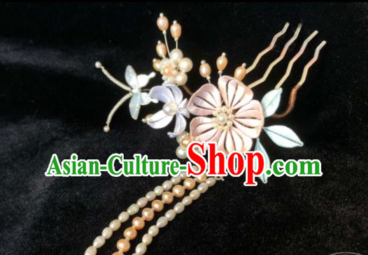China Handmade Silk Butterfly Flowers Hairpin Traditional Hanfu Headpiece Ancient Princess Pearls Tassel Hair Comb
