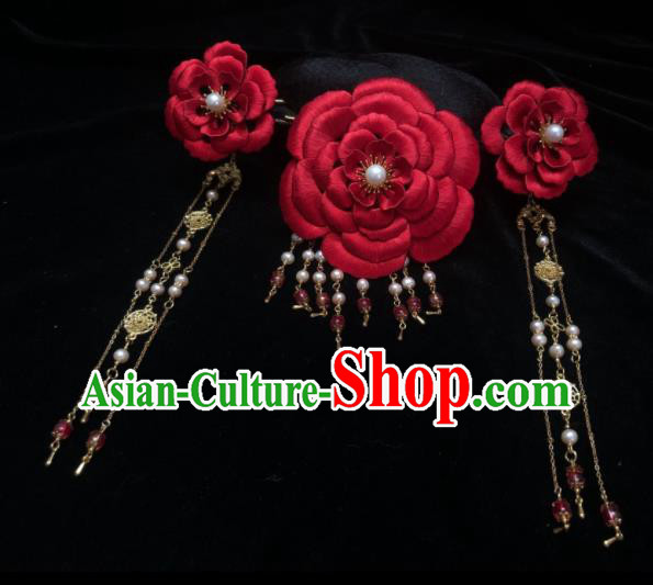 China Handmade Red Silk Peony Hairpin Traditional Hanfu Wedding Headpieces Ancient Bride Hair Crown