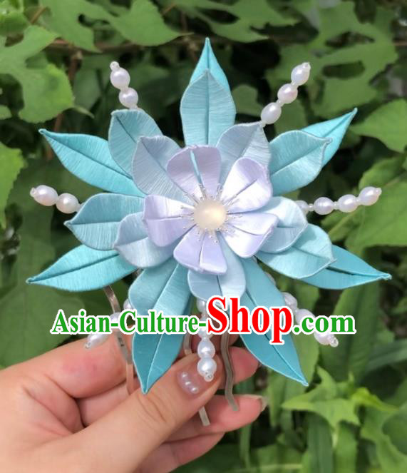 China Handmade Blue Silk Epiphyllum Hairpin Traditional Hanfu Headpieces Ancient Young Beauty Hair Comb