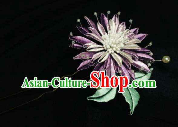 China Handmade Purple Silk Cornflower Hairpin Traditional Song Dynasty Hanfu Headpiece Ancient Palace Lady Hair Stick