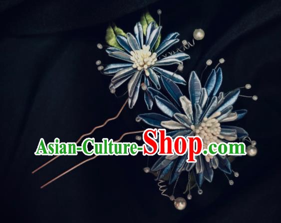 China Handmade Blue Silk Cornflower Hairpin Traditional Song Dynasty Hanfu Headpiece Ancient Court Woman Hair Stick