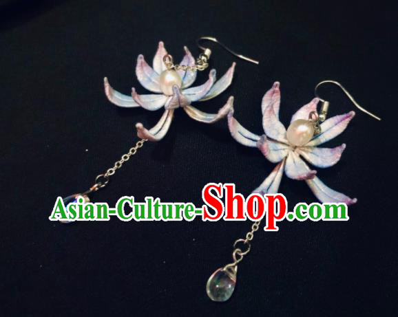 China Cheongsam Earrings National Woman Ear Jewelry Handmade Lilac Silk Lotus Ear Accessories