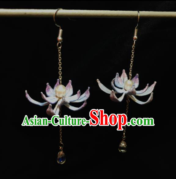 China Cheongsam Earrings National Woman Ear Jewelry Handmade Lilac Silk Lotus Ear Accessories