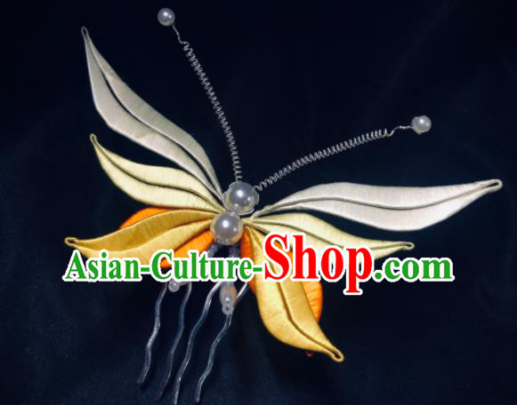 China Handmade Yellow Silk Butterfly Hairpin Traditional Song Dynasty Hanfu Headpiece Ancient Palace Lady Hair Comb