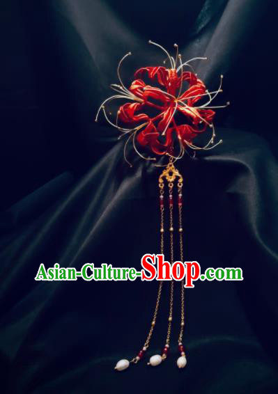 China Handmade Red Spider Lily Hairpin Traditional Tang Dynasty Hanfu Hair Accessories Ancient Goddess Tassel Hair Stick