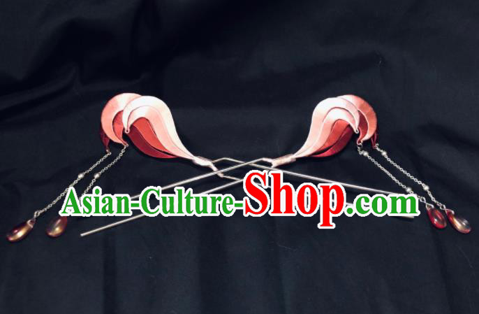 China Handmade Red Silk Wave Hairpins Traditional Song Dynasty Hanfu Hair Accessories Ancient Princess Tassel Hair Clips