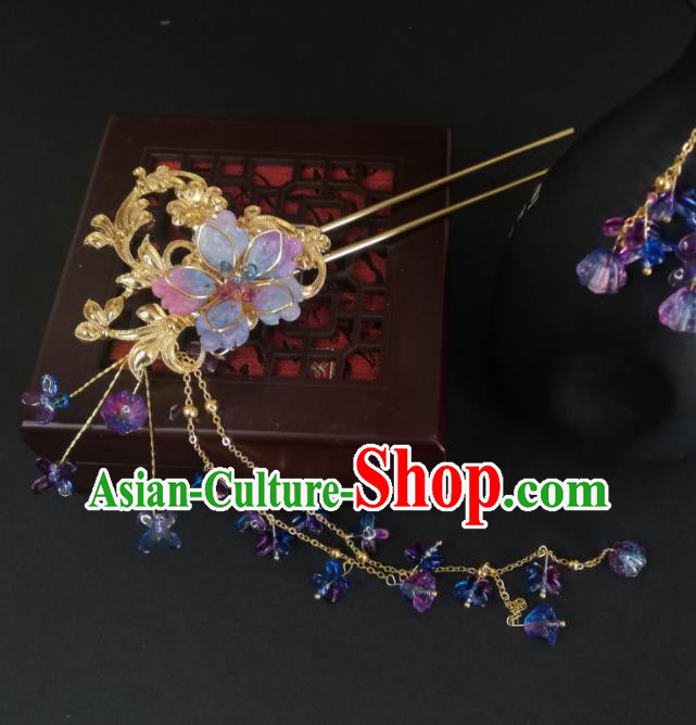 China Handmade Lilac Sakura Tassel Hairpin Traditional Ming Dynasty Hanfu Hair Accessories Ancient Young Woman Golden Hair Stick