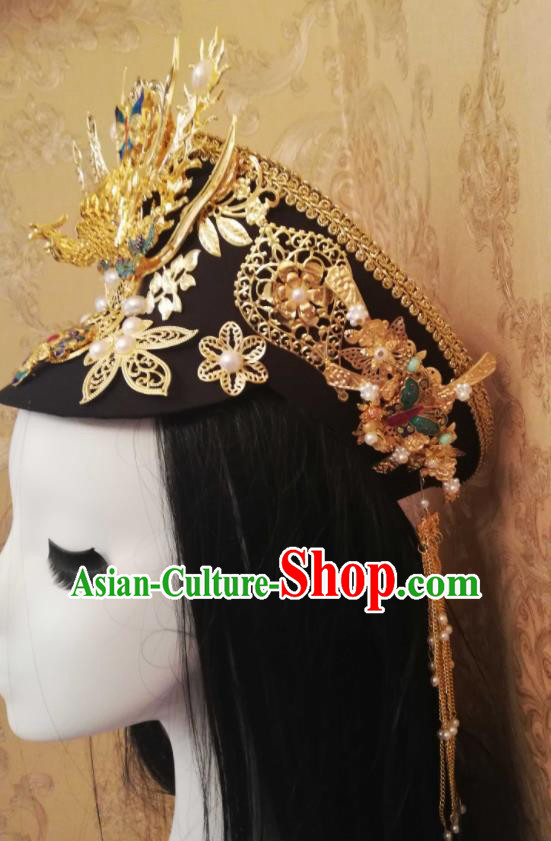 China Handmade Qing Dynasty Manchu Queen Hair Crown Traditional Empresses in the Palace Court Headdress Ancient Court Woman Golden Phoenix Hat Headwear