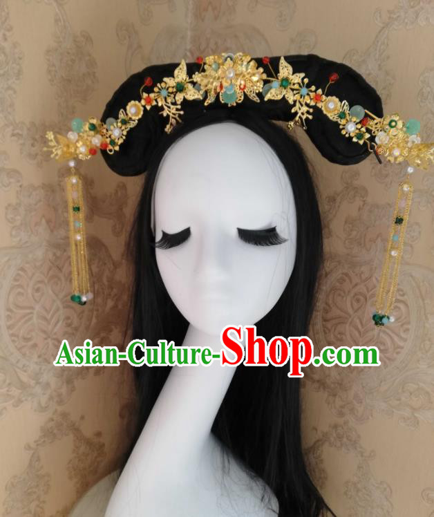 Chinese Handmade Wigs and Golden Hairpins Traditional Qing Dynasty Court Hair Accessories Ancient Princess Hairpieces
