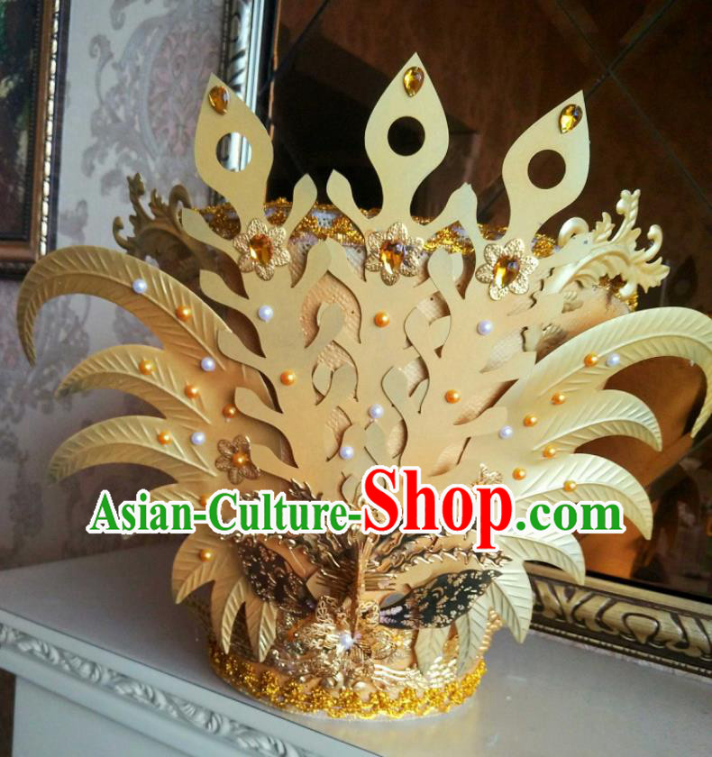 China Cheongsam Show Hair Accessories Catwalks Performance Headwear Deluxe Golden Hair Crown