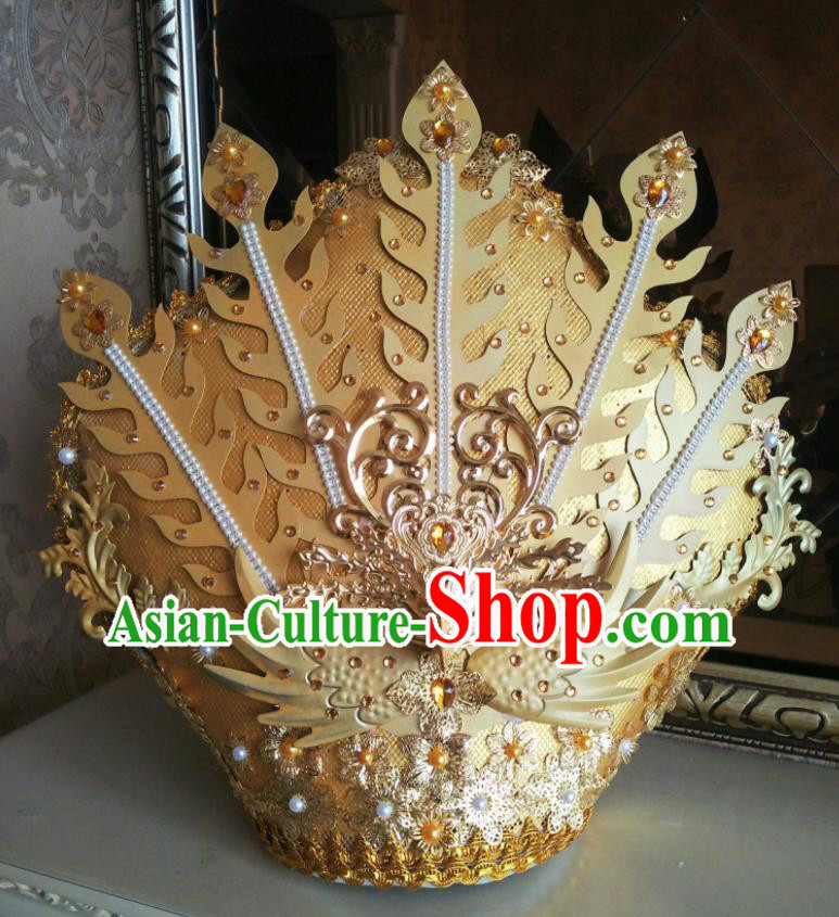 China Catwalks Performance Headwear Cosplay Queen Deluxe Golden Phoenix Hair Crown Cheongsam Show Hair Accessories