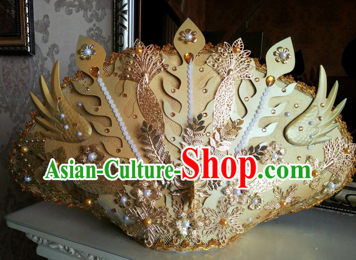 China Cheongsam Show Pearls Hair Accessories Catwalks Performance Deluxe Headwear Cosplay Queen Golden Phoenix Hair Crown