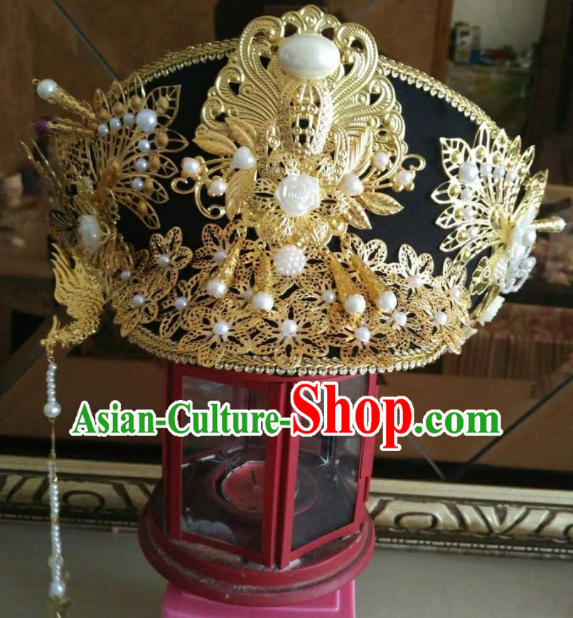 China Handmade Qing Dynasty Empress Golden Hair Crown Traditional Drama Empresses in the Palace Headwear Ancient Imperial Consort Hat