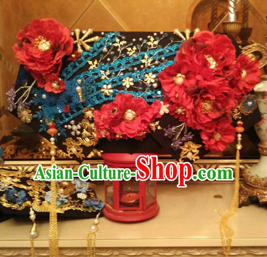 China Handmade Qing Dynasty Imperial Consort Hair Crown Traditional Drama Palace Headdress Ancient Empress Red Peony Great Wing Hat