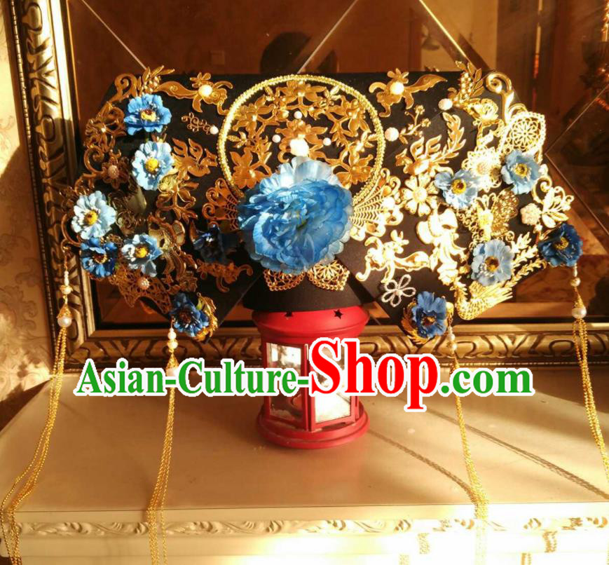 China Ancient Empress Blue Peony Great Wing Hat Handmade Qing Dynasty Imperial Consort Hair Crown Traditional Drama Palace Headdress