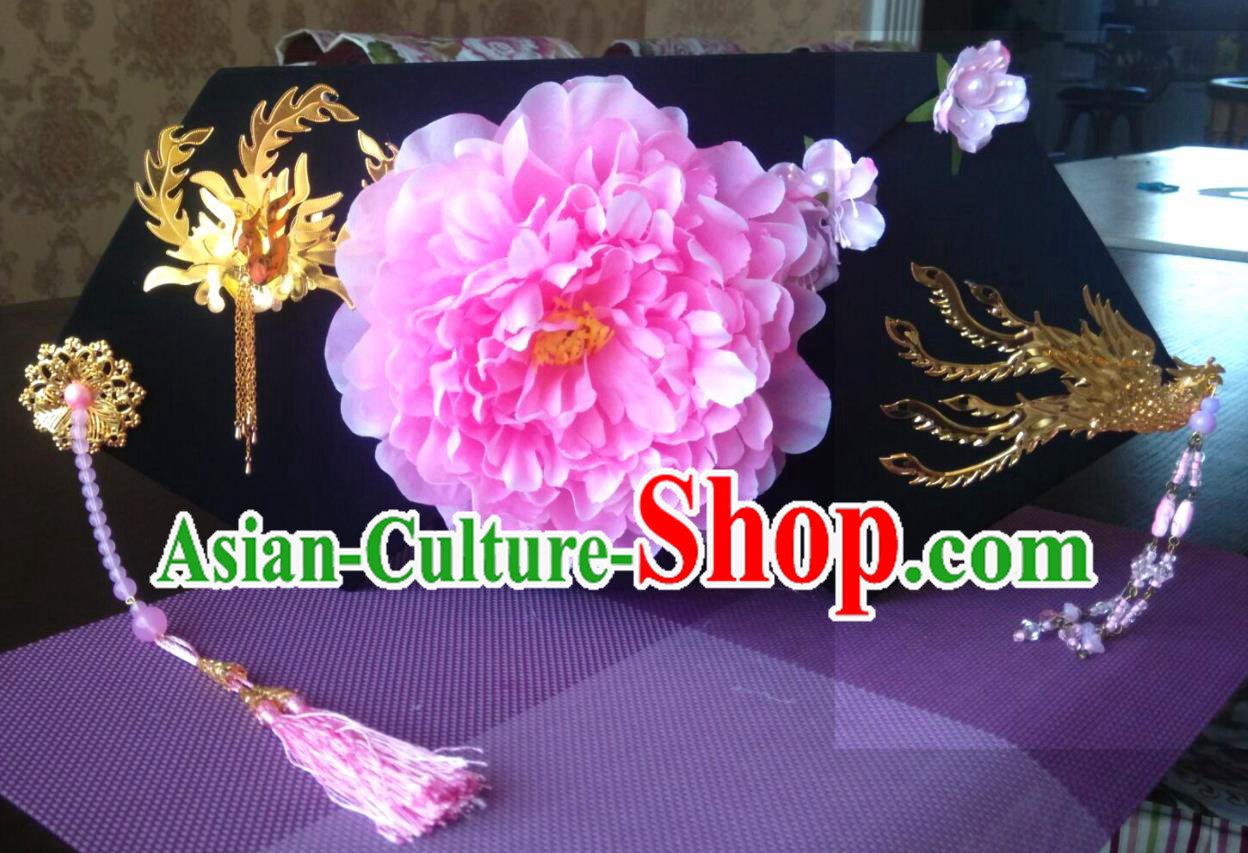 China Ancient Drama Empresses in the Palace Great Wing Hat Handmade Qing Dynasty Princess Pink Peony Hair Crown Traditional Court Headdress