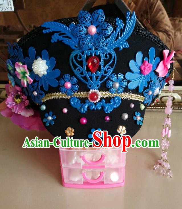 China Traditional Court Headdress Ancient Drama Empresses in the Palace Zhan Huan Hat Handmade Qing Dynasty Imperial Consort Hair Crown