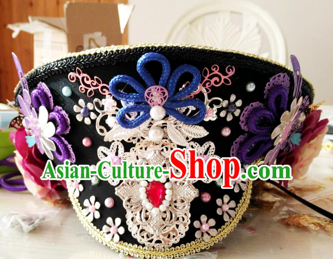 China Handmade Qing Dynasty Imperial Consort Hair Crown Traditional Court Headdress Ancient Drama Empresses in the Palace Zhan Huan Hat