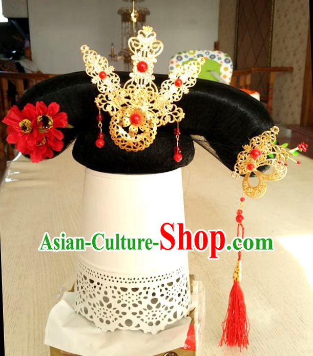 Chinese Qing Dynasty Court Maid Wigs and Hair Accessories Ancient Palace Lady Hairpieces