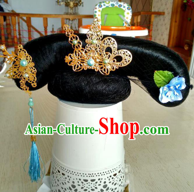 Chinese Traditional Qing Dynasty Court Maid Wigs and Hair Accessories Ancient Manchu Lady Hairpieces