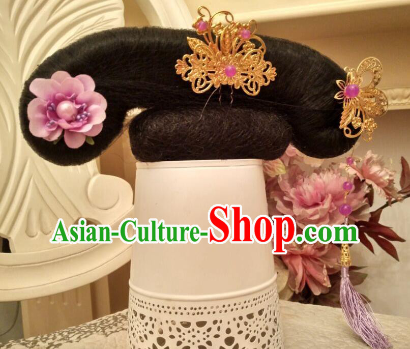 Chinese Ancient Manchu Woman Headdress Traditional Qing Dynasty Court Lady Wigs Hairpieces and Hair Accessories