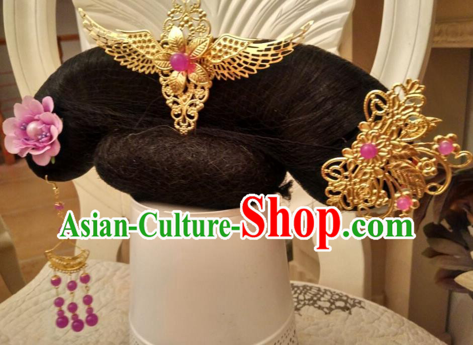 Chinese Traditional Qing Dynasty Court Woman Wigs Hairpieces and Hair Accessories Ancient Palace Princess Headdress