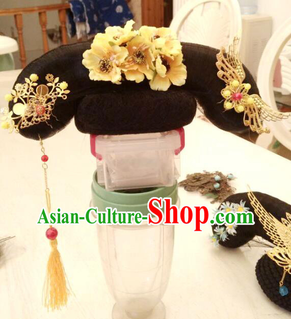 Chinese Traditional Qing Dynasty Palace Lady Headdress Ancient Princess Wigs and Hair Accessories Court Hairpieces