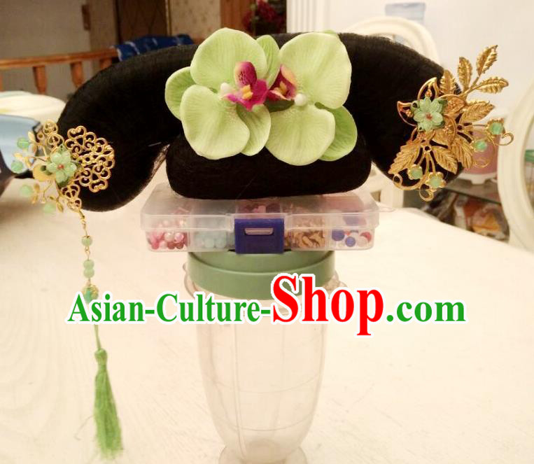Chinese Traditional Court Hairpieces Qing Dynasty Palace Lady Headdress Ancient Servant Girl Wigs and Hair Accessories