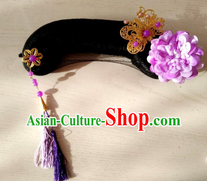 Chinese Ancient Manchu Princess Wigs and Hair Accessories Traditional Court Hairpieces Qing Dynasty Palace Lady Headdress