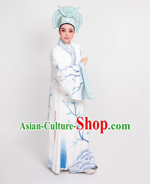China Beijing Opera Scholar Clothing Traditional Yue Opera Young Childe Garment Peking Opera Xiaosheng Embroidered White Robe Costume
