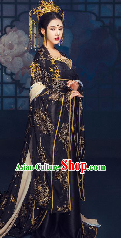 China Ancient Court Woman Black Hanfu Dress Garments Traditional Tang Dynasty Imperial Consort Historical Clothing and Headpieces Complete Set