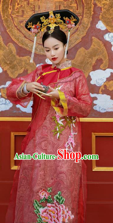 Traditional China Qing Dynasty Imperial Consort Historical Clothing Ancient Manchu Concubine Red Dress Garments and Headwear