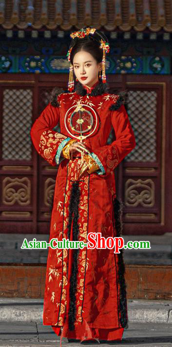 China Ancient Manchu Queen Red Dress Garments Traditional Qing Dynasty Imperial Empress Wedding Historical Clothing and Headpieces