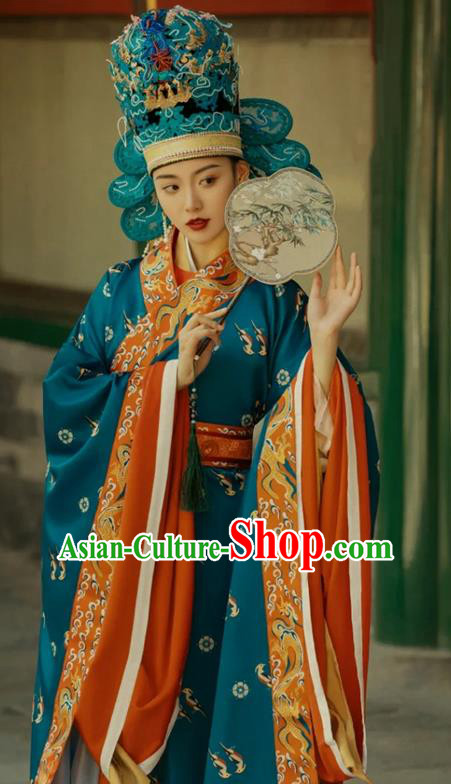 China Traditional Ming Dynasty Empress Historical Clothing Ancient Noble Woman Embroidered Blue Hanfu Dress Garments Complete Set