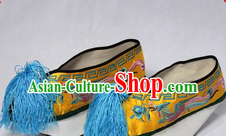 China Traditional Peking Opera Empress Boots Peking Opera Queen Yellow Embroidered Shoes Opera Actress Satin Shoes